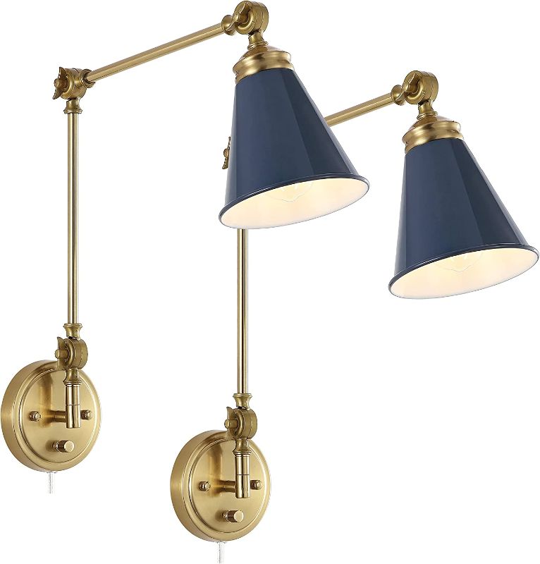 Photo 1 of  WINGBO Swing Arm Wall Lamp Set of 2, Modern Adjustable Wall Mounted Sconce, Warm Brass Finish and Blue Metal Shade 