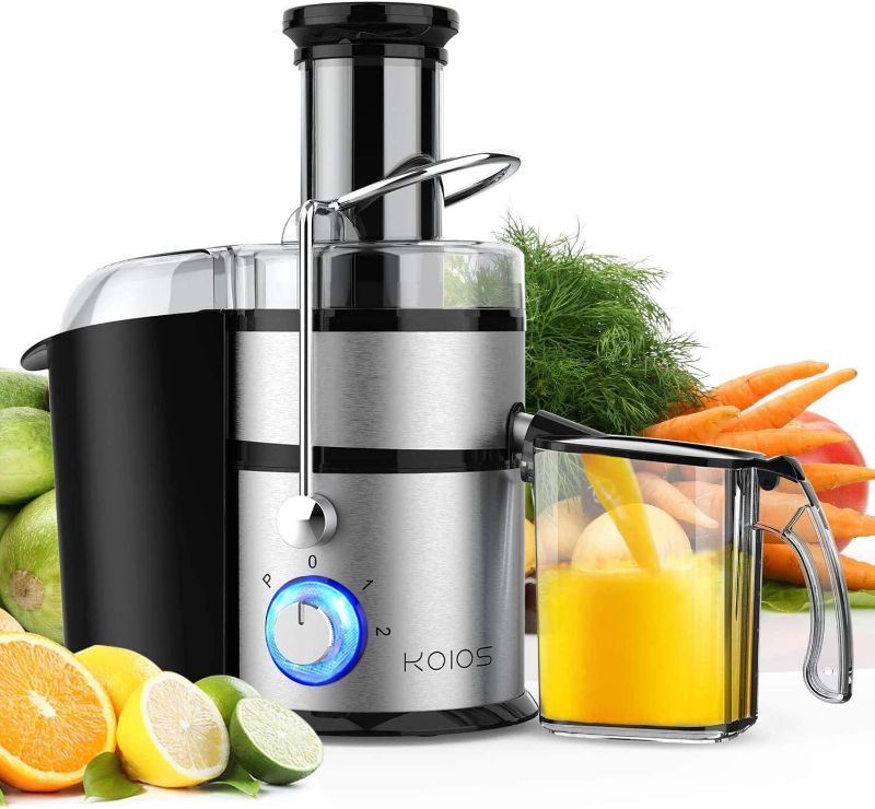 Photo 1 of  KOIOS Centrifugal Juicer Machines, Juice Extractor with Extra Large 3inch Feed Chute, 304 Stainless Steel Filter, High Juice Yield for Fruits and Vegetables, Easy to Clean, 100% BPA-Free, 1200W Powerful, Dishwasher Safe, Included Brush 