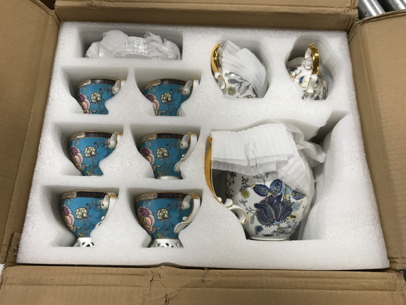 Photo 2 of ACMLIFE Bone China Coffee Tea Sets, 21-Piece Porcelain Tea Cup Set, Tea Cup and Saucer Set Service for 6 with 34 Ounces Teapot,Sugar Bowl,Creamer Pitcher and Teaspoons, Christmas Gifts for Women
