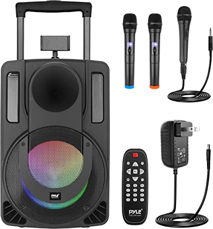 Photo 1 of 12’’ Portable PA Speaker System - Wireless BT Streaming PA & Karaoke Party Audio Speaker, Two Wireless Mic, Wired Microphone, Tablet Stand, Flashing Party Lights, MP3/USB//FM Radio - PHPWA12TB