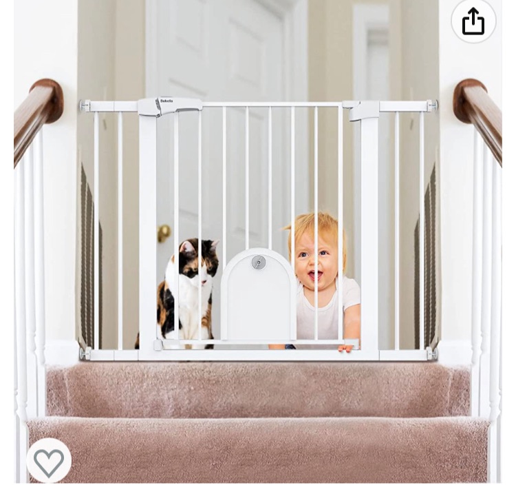 Photo 1 of Babelio Auto Close Baby Gate with Small Cat Door, 29-43" Metal Cat Gate for Doorway, Stairs, House, Easy Walk Thru Dog Gate with pet Door, Includes 4 Wall Cups and 3 Extension Pieces, White