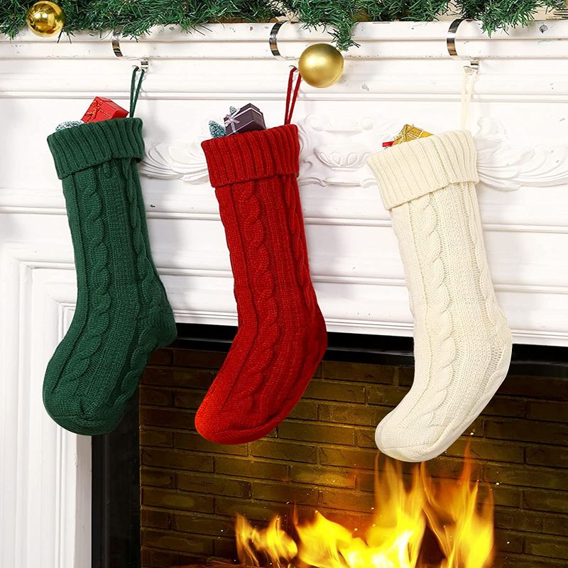 Photo 1 of 3 Pieces 18 Inch Christmas Stockings Knitted Xmas Stockings Christmas Fireplace Hanging Stockings with Christmas Stocking Holder Hook Hanger for Christmas Birthday Thanksgiving Day Decorations 