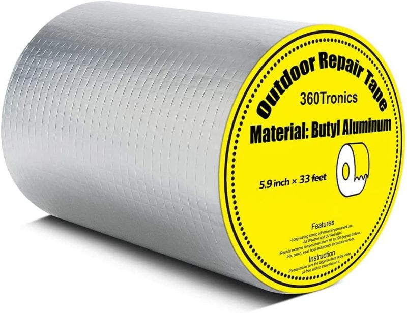 Photo 1 of 360Tronics Waterproof Leak Repair Tape Outdoor, Aluminum Butyl Tape 6" x 33ft, Permanent Leak Proof All Weather Patch, UV Resistant VOC-Free for Pipe RV Awning Sail Roof Window Sealing Caulk Tape