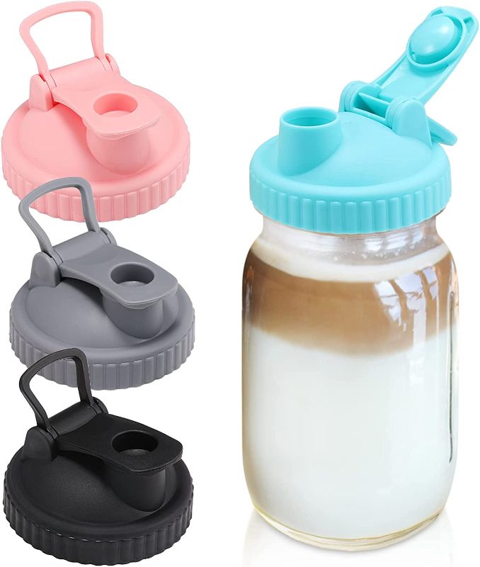 Photo 1 of 4 Pack Reusable Lid Fits Mason Jar Wide Mouth ( 86mm ), Plastic Drinking Lids with Pour Spout Compatible with Mason Jars, Dishwasher Safe