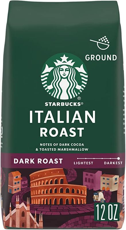 Photo 1 of Starbucks Ground Coffee, Italian Roast, Dark Roast Coffee, Notes of Dark Cocoa & Toasted Marshmallow, Ground 100% Arabica Coffee, 12-Ounce Bag 