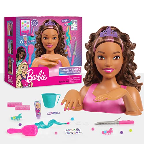 Photo 1 of Barbie Unicorn Party 27-piece Deluxe Styling Head, Brown Hair, Pretend Play, Kids Toys for Ages 5 up, Amazon Exclusive
