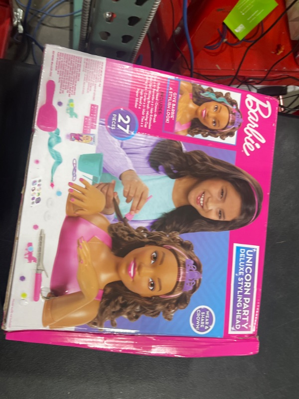 Photo 1 of Barbie Unicorn Party 27-piece Deluxe Styling Head, Brown Hair, Pretend Play, Kids Toys for Ages 5 up, Amazon Exclusive
