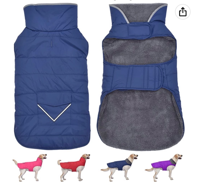 Photo 1 of Dog Winter Coat, Dog Jacket with Pocket and Reflective Strip, Windproof Waterproof Dog Sweater, Puppy Clothes Warm Pet Winter Vest for Small Medium Extra Large Dogs Pet (Blue, SIZE 2XL)