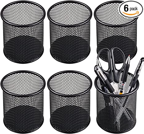 Photo 1 of QYH Mesh Pen Cup Metal Pencil Holder for Desk 6 Packs Black Pen Organizer Office 3.54x3.93 Inch
