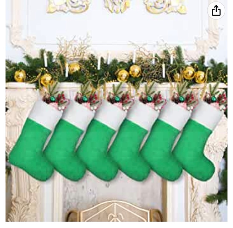 Photo 1 of 6 Pieces Christmas Stocking 15 Inch Christmas Plush Decorative Stocking Pink Red Blue Green Xmas Stockings with White Cuffs and Hanging Ring for Christmas Tree Birthday Holiday Decoration (Green)