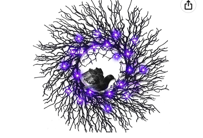 Photo 1 of [ Thick & Timer ] 18 Inch 20 LED Lighted Halloween Wreath for Front Door Halloween Decorations with Crows Purple Lights Battery Operated Black Glittering Wreath Halloween Décor Indoor Outdoor Home