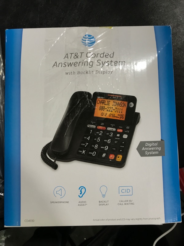 Photo 1 of AT&T CD4930 Corded Phone, Black & TRIMLINE 210 Corded Home Phone, No AC Power Required, Improved Easy-Wall-Mount, Lighted Big Button Keypad, 13 SpeedDial Keys, Last Number Redial, Beige Black Phone + Corded Home Phone
