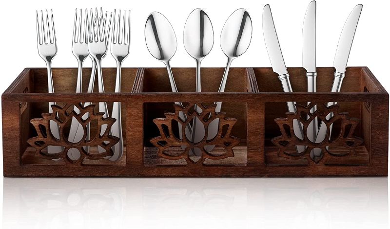 Photo 1 of 3 Slot Wooden Silverware Utensil Desk Organizer Caddy Utensil Organizer Cutlery Pen Pencil Caddy Desktop Storage with 3 Compartments Multiuse for Kitchen Office Supplies 