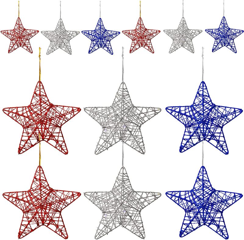 Photo 1 of 12 Pcs Star Tree Ornaments Decoration Hollow Iron Wire Glitter Star Hanging Ornaments for Holiday Party DIY Home Decor Tree, Blue Red and Silver 5.9 Inch 