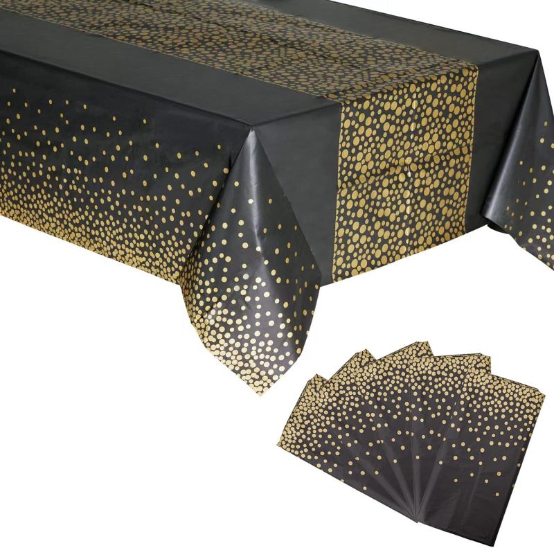 Photo 1 of 5 Pcs Disposable Plastic Tablecloth 54 x 108 Inch Waterproof Rectangle PVC Tablecloth Table Cover for Party Birthday Wedding Event Christmas Banquet (Black/Gold Polka Dot, 54 x 108 Inch) 