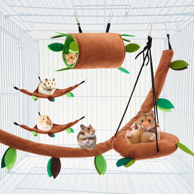 Photo 1 of 5PCS Hamster Hammock Small Animals Hanging Warm Bed House Rat Cage Nest Accessories Toy Hanging Tunnel and Swing for Sugar Glider Squirrel Playing Sleeping 