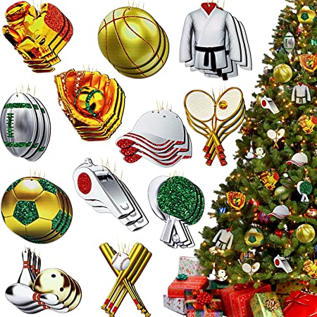 Photo 1 of 36 Pieces Christmas Sport Themed Ornaments Christmas Wooden Sports Ball Christmas Tree Hanging Decor Baseball Soccer Whistle Lacrosse Football Tennis Ball for Xmas Party Decoration
