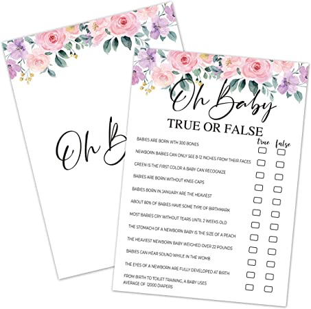 Photo 1 of Baby Shower Games, Oh Baby True Or False, Floral Themed Cards, Baby Gender Reveal Party Game Decorations - 30 Cards 1 Answer Card (5" x 7")-babygame-B013
