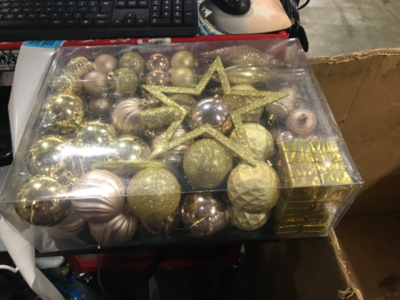 Photo 1 of 81PCS Christmas Balls Tree Ornament Set?Assorted Christmas Tree Ball,Shatterproof Assorted Hanging Decorations in a Gift Package,Glitter Snowflake and Ball for Xmas Tree Holiday Wedding Party(Gold)
