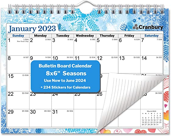Photo 1 of CRANBURY Mini Wall Calendar 2023 2024 - (8x6, Seasons) Use to June 2024, Small Wall Calendar for Locker, Fridge or Bulletin Board, Includes Stickers
