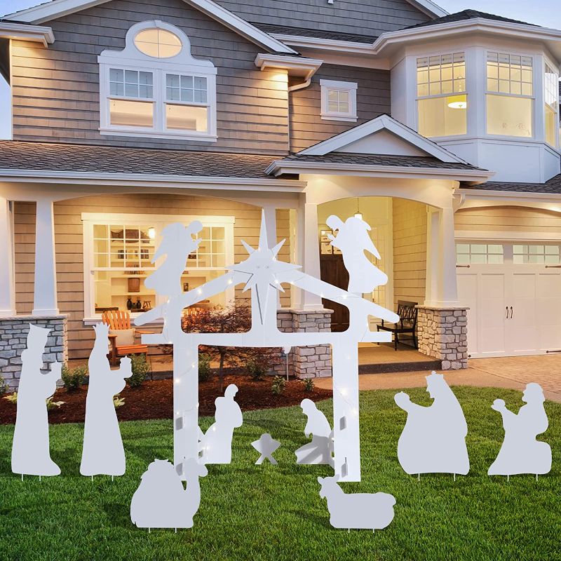 Photo 1 of 12 Pcs Outdoor Nativity Scene Display Set Christmas Large Holy Nativity Yard Signs Lawn Nativity Scene Manger Scene Religious Signs with String Lights for Home Yard Lawn Holiday Decor (White) 