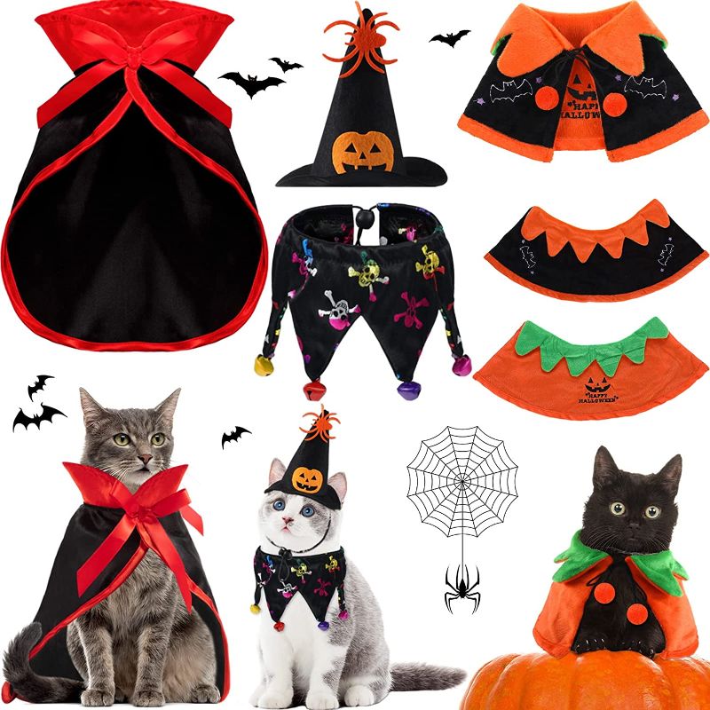 Photo 1 of 4 Pieces Halloween Pet Costume Cat Halloween Pumpkin Hat Reversible Pumpkin Bat Cloak Halloween Pet Bandana Collar with Bells Cat Vampire Cloak for Pets Dogs Cats Halloween Party Decorations