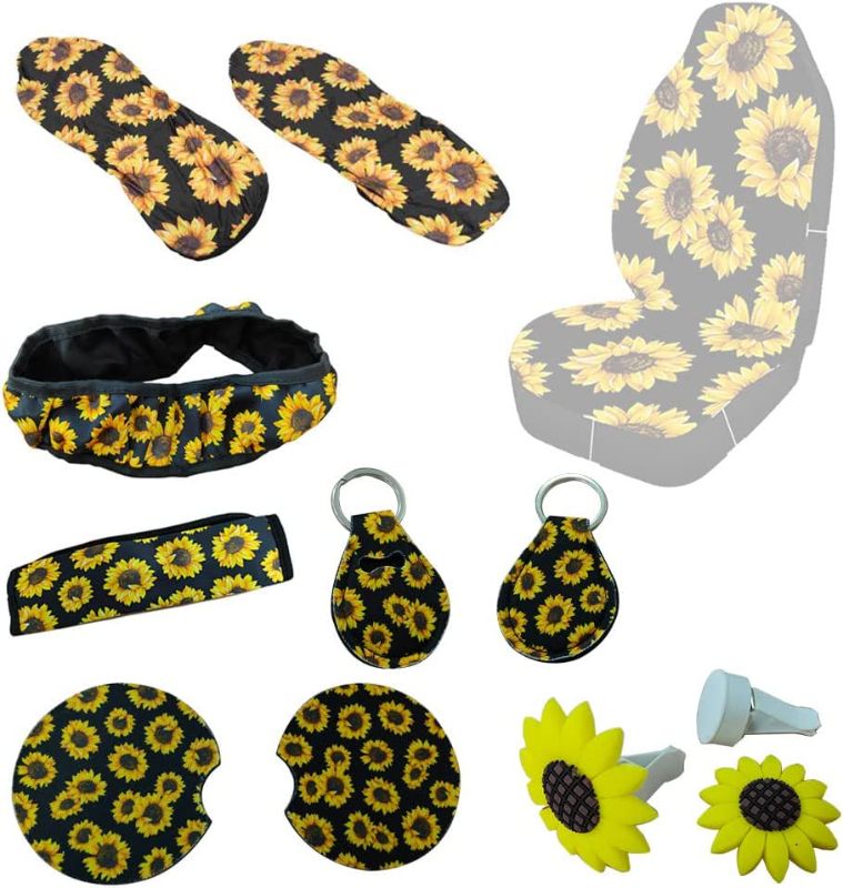 Photo 1 of 10 Pack Sunflower Car Accessories Set Include Car Front Seat Covers,Sunflower Steering Wheel Cover, Cute Sunflowers Keyring, Car Vent Decorations,Car Cup Pad and Seat Belt Shoulder Pads
