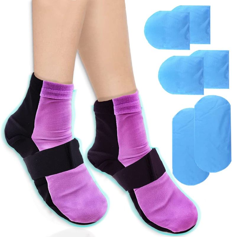 Photo 1 of Cold Therapy Socks (Compression Strap) - Cooling Socks Gel Ice Treatment , 1 Pair Socks for Feet, Heels, Swelling, Arch Pain (Purple) 