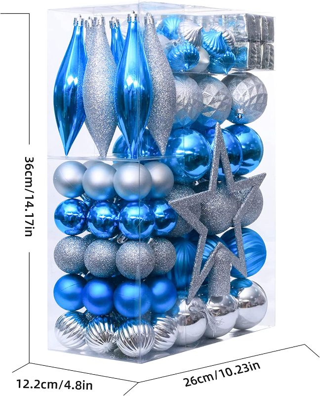 Photo 1 of 100PCS Assorted Christmas Balls Tree Ornament Set,Shatterproof Assorted Hanging Decorations in Gift Package,Glitter Acorn,Ball,Gift Box Pendants,Tree Top for Xmas Tree(Lightblue/Silver) 