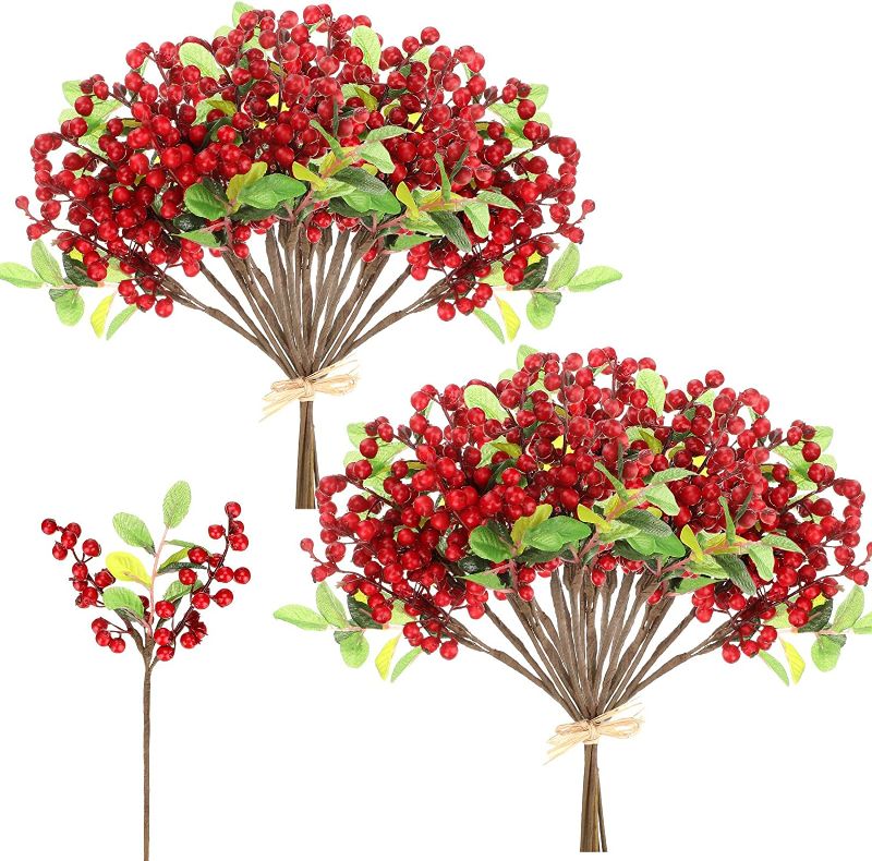 Photo 1 of 2pk of Jexine 30 Pcs Christmas Artificial Red Berry Stems Red Berry Picks Holly Berries Branches Fake Holly Berry Branches with Leaves for Christmas Tree Decorations Home DIY Wreath Vase Crafts Decor 