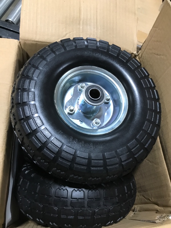 Photo 1 of 10" Flat Free Tires Solid Rubber Tyre Wheels?4.10/3.50-4 Air Less Tires Wheels with 5/8" Center Bearings?for Hand Truck/Trolley/Garden Utility Wagon Cart/Lawn Mower/Wheelbarrow/Generator?4 Pack, Black 12.4 Pounds Black
