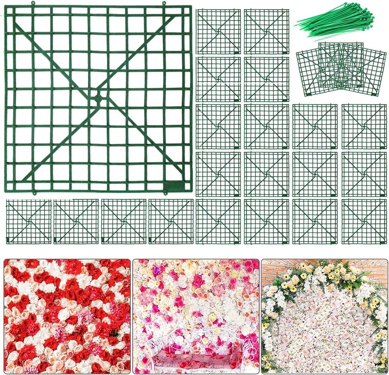 Photo 1 of Aboofx 24 Pieces Artificial Flower Grid Panels, Artificial Flowers Wall Frames, 10x10 inch Plastic Fences Panel Decorative Wall Display for Artificial Flowers Plant Base Wedding Party Decoration
