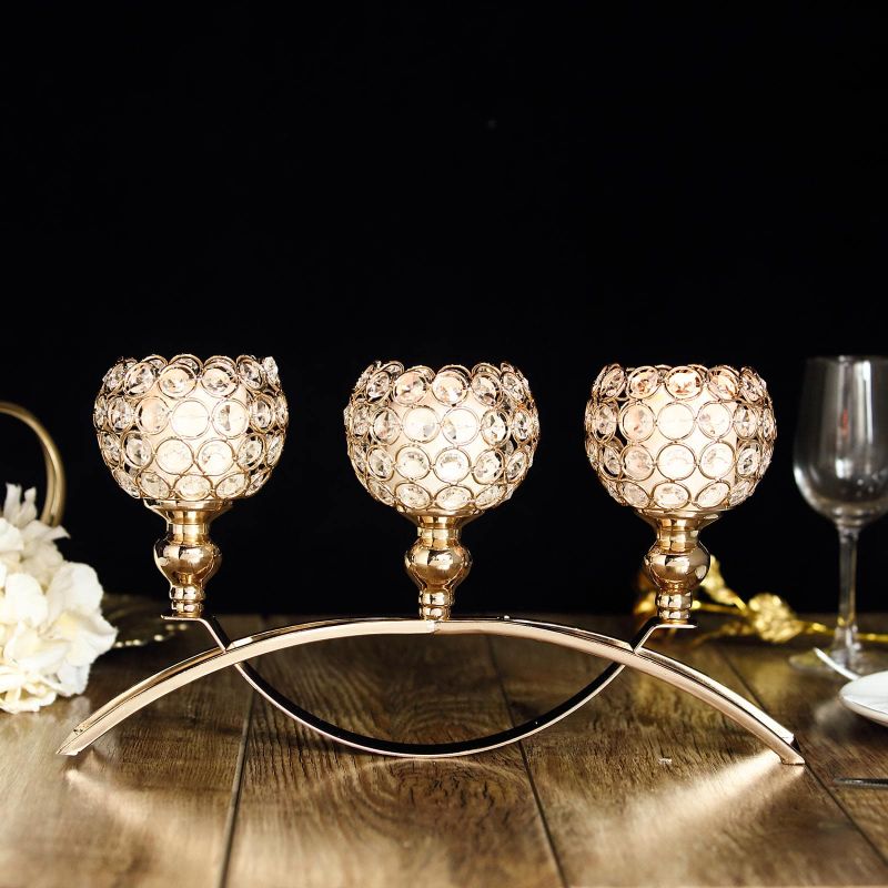 Photo 1 of 16" Arch Bridge 3 Arm Gold Crystal Beaded Candle Holder, Votive Goblet Candelabra
