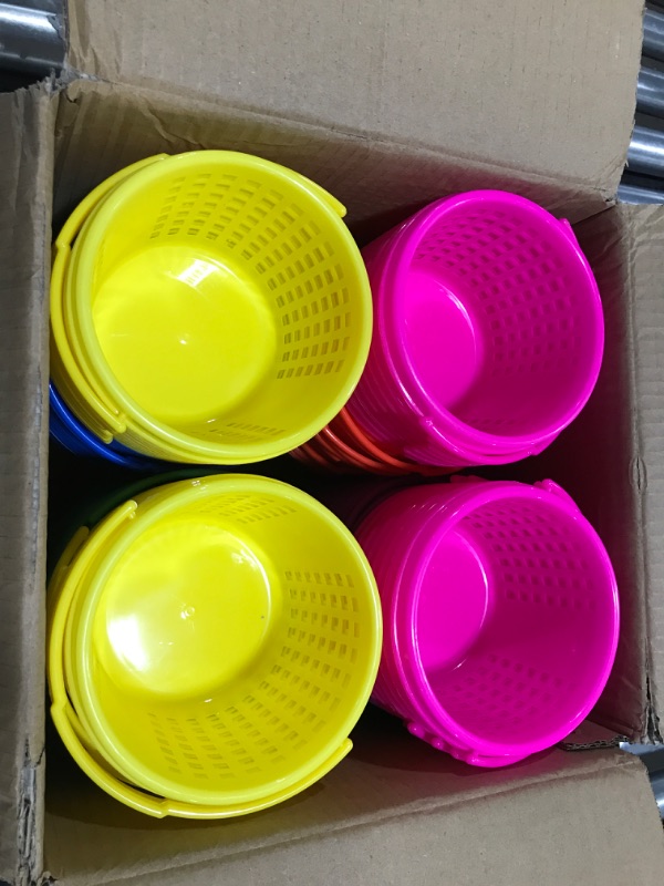 Photo 2 of 100 Pcs Plastic Easter Baskets Bulk Mini Colorful Easter Baskets with Handles Round Easter Basket for Easter Party Egg Hunts Small Easter Bucket for Easter Eggs Party Favor for Kids Baby Toddler