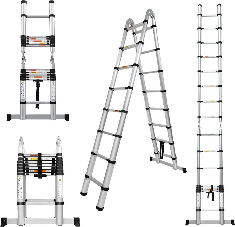 Photo 1 of 16.4ft Aluminum Telescopic Extension Ladder 2-in-1 A-Frame Ladder or Straight Ladder, 8+8 Steps Adjustable Height, Portable Folding Ladder A-Shape Ladder, Folded Height 3ft, Max Load 330lbs