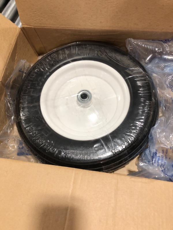 Photo 1 of 14.5"Flat Free Wheelbarrow Tire with 3/4 & 5/8 Wheel Bearing, 3" Hub 13"-16" Universal Fit Air Less Tire 4.80/4.00-8 for Garden Cart Wagon Ribbed Tread Axle hole 16mm Foamed Polyurethane Tire