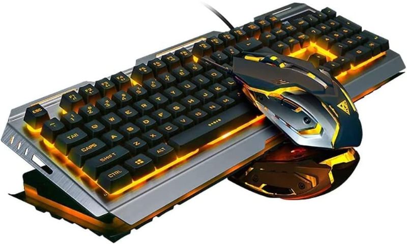 Photo 1 of Orange Yellow Gaming Keyboard and Mouse Combo Wired,USB Keyboad Waterproof Dust Proof Silver Metal Raised Key LED Light Backlit Color Change Mouse 3200 DPI for Xbox One Office Computer PC Prime Games
