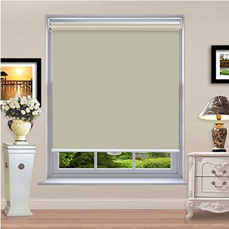 Photo 1 of 100% Blackout Roller Window Shades- Cordless Room Darkening Blinds, Door Shade with Thermal Insulated Bedroom Shades UV Rays Blocking, 26" W x 60" H Beige, Safety for Home
