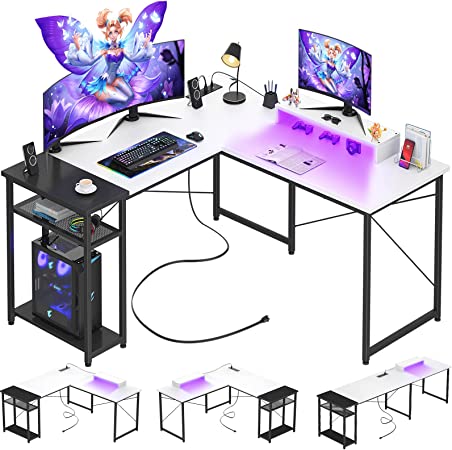 Photo 1 of Cyclysio L Shaped Desk with LED Light, Reversible L-Shaped Corner Desk with Power Outlets and USB, 83.5'' Large 2 Person Desk with Monitor Stand, 51'' L Shaped Gaming Computer Desk, White and Black
