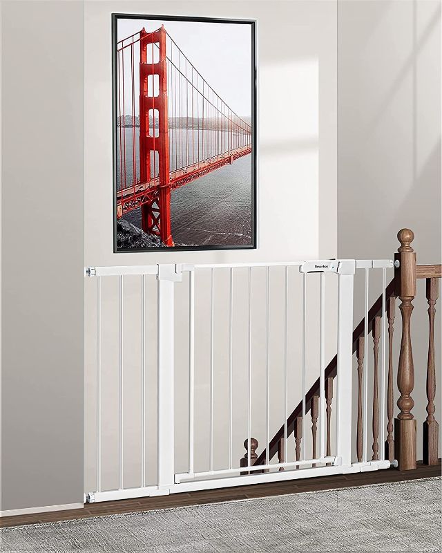 Photo 1 of Newnice 29.7"-46" Safety Baby Gate for Stairs, Auto Close Pressure Mounted Easy Walk Thru Dog Pet Gate for The House, Doorways, Extra Wide Child Gates for Kids Toddler, White
