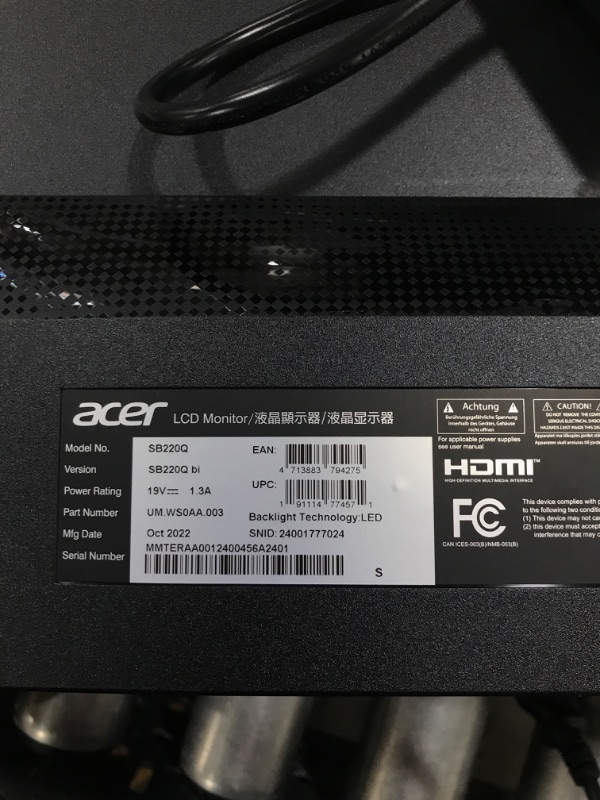 Photo 3 of Acer 21.5 Inch Full HD (1920 x 1080) IPS Ultra-Thin Zero Frame Computer Monitor (HDMI & VGA Port), SB220Q bi