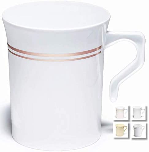 Photo 1 of " OCCASIONS " 40 Mugs Pack, Heavyweight Disposable Wedding Party Plastic 8 oz Coffee Mugs/Tea Cups/Cappuccino Cups/Espresso Cup with Handles (8 oz Mugs, White & Rose Gold Rim)
