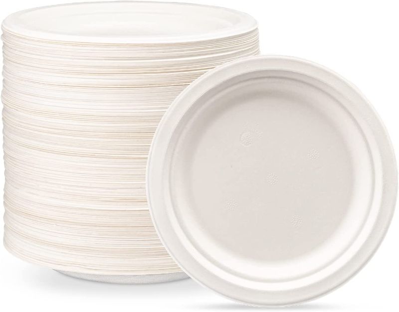 Photo 1 of 100% Compostable 7 Inch Heavy-Duty Plates [125 Pack] Eco-Friendly Disposable Sugarcane Paper Plates