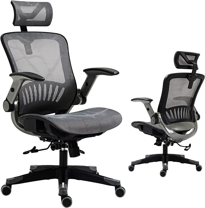 Photo 1 of Loyrus Ergonomic Office Chair, High Back Desk Chair with Adjustable Headrest and Flip-Up Arms, Swivel Task Chair with Lumbar Support and Tilt Function, Rocking Mesh Computer Chair(Gray)
