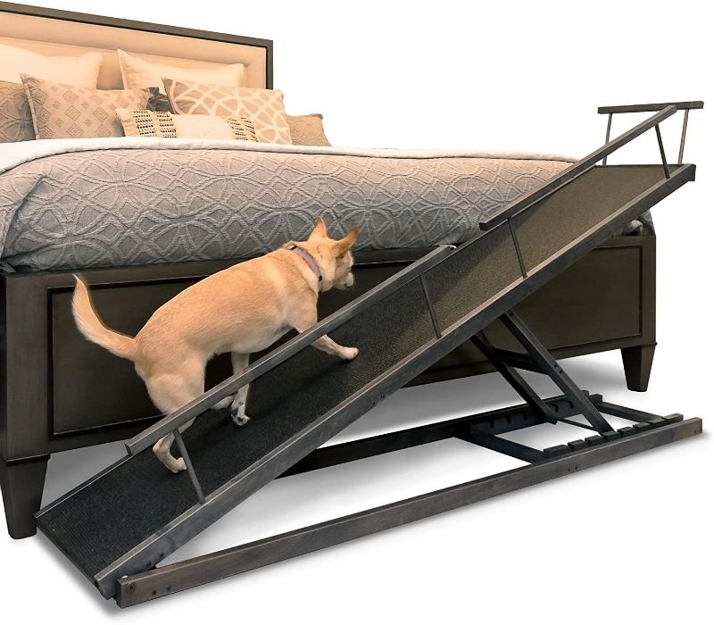 Photo 1 of  DoggoRamps Dog Ramp for Beds - Solid Hardwood with 5 Finish Options - Adjustable up to 37" High Beds with Low Incline, Safety Rails & Anti-Slip Grip, For Small Dogs up to 50lbs - Made in North America