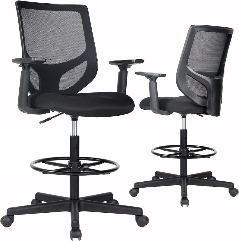 Photo 1 of Drafting Chair Tall Office Chair, High Office Mesh Chair, Ergonomic Computer Rolling Chair, Standing Desk Stool with Adjustable Armrests and Foot-Ring
