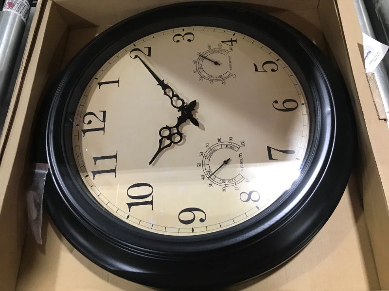 Photo 1 of 18 Inch Large Outdoor Wall Clock, Waterproof Clock, Wall Decorative Clock with Thermometer and Hygrometer Combo for Patio, Garden, Pool - Black