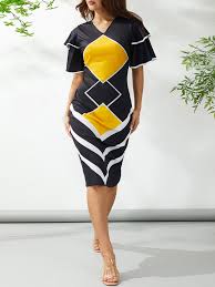 Photo 1 of  Women Plus Size Office Bodycon Dress Graphic Patchwork Print Flared Sleeve Business Office Work Pencil Midi Sheath Dress - Size Large 