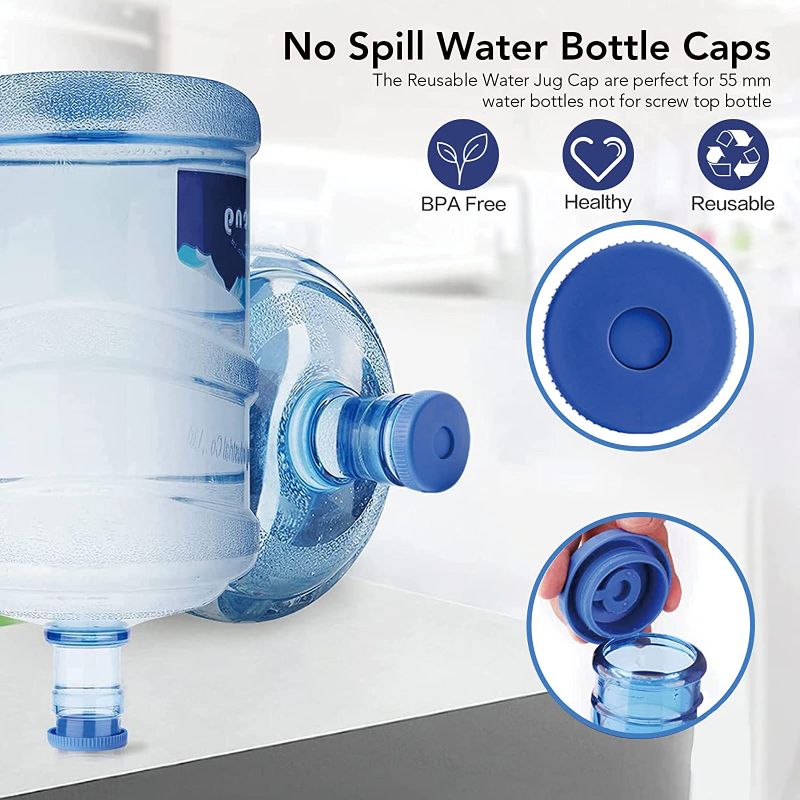 Photo 1 of 5 Gallon Water Jug Cap,4 Pack Silicone Reusable Non Spill Bottle Top Lid Replacement Fits 55mm Bottles 