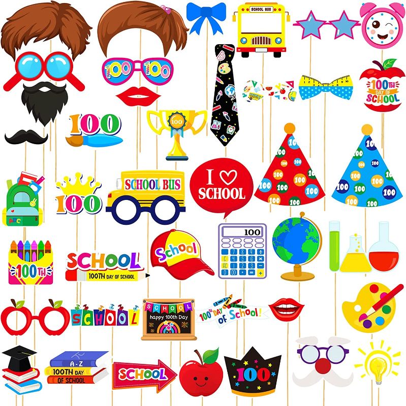 Photo 1 of 42 Pcs 100th Day of School Photo Booth Props Kit CardStock School Photo Prop Kit Class Selfie Props Kit Happy 100th Day of School Decorations with Adhesive Dots Sticks for 100th Day of School Party 